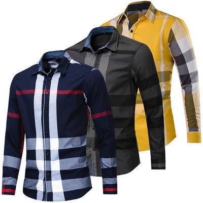 Mens Plaid Shirt Designer Engineered Stripes Stretch Button Up New Casual Dress