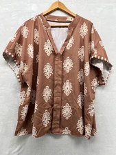 Shien Women's Tunic Top Short Sleeve Size 4X V- Neck Tan