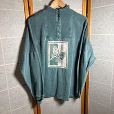 Coldwater Creek Teal Pine Cone Graphic 1/4 Zip Mock Neck Sweatshirt S M Ribbed
