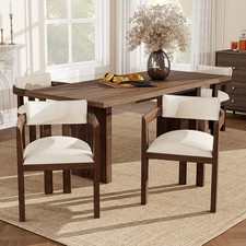 Dining Chairs Set of 4 w/ Linen Padded Seat, Armrest, Solid Wood Frame, Dark Oak