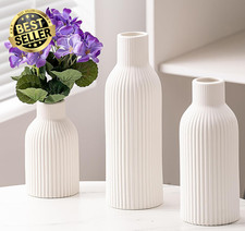 Set of 3 White Ribbed Ceramic Vases Modern Minimalist Home Decor Flower Display