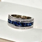 Men's 1.50 Ct Princess Cut Blue Sapphire Wedding Band Ring 14k White Gold Plated