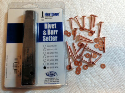 #14 SETTER & 20-pc Assortment of Size 14 Solid Copper Rivets_Burrs_1/2''_3/4''_1''