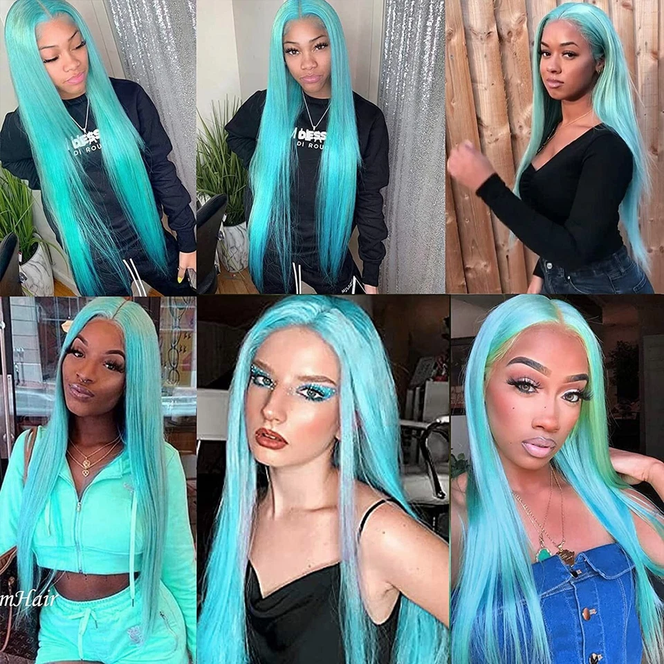 Pelucas de encaje sintético azul peluca larga de seda recta ligera fibra de alta temperatura Foto 2 de 4