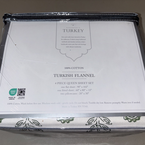 Queen Sheet Set 4 Piece Turkish Flannel Green Flowers ON WHITE 100% Cotton NEW - Picture 2 of 3