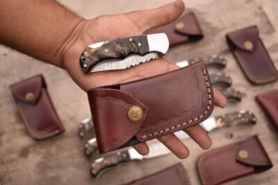 Lot Of 20 Handmade Damascus Steel Spacial Ram horn Pocket Folding Knifes sheath