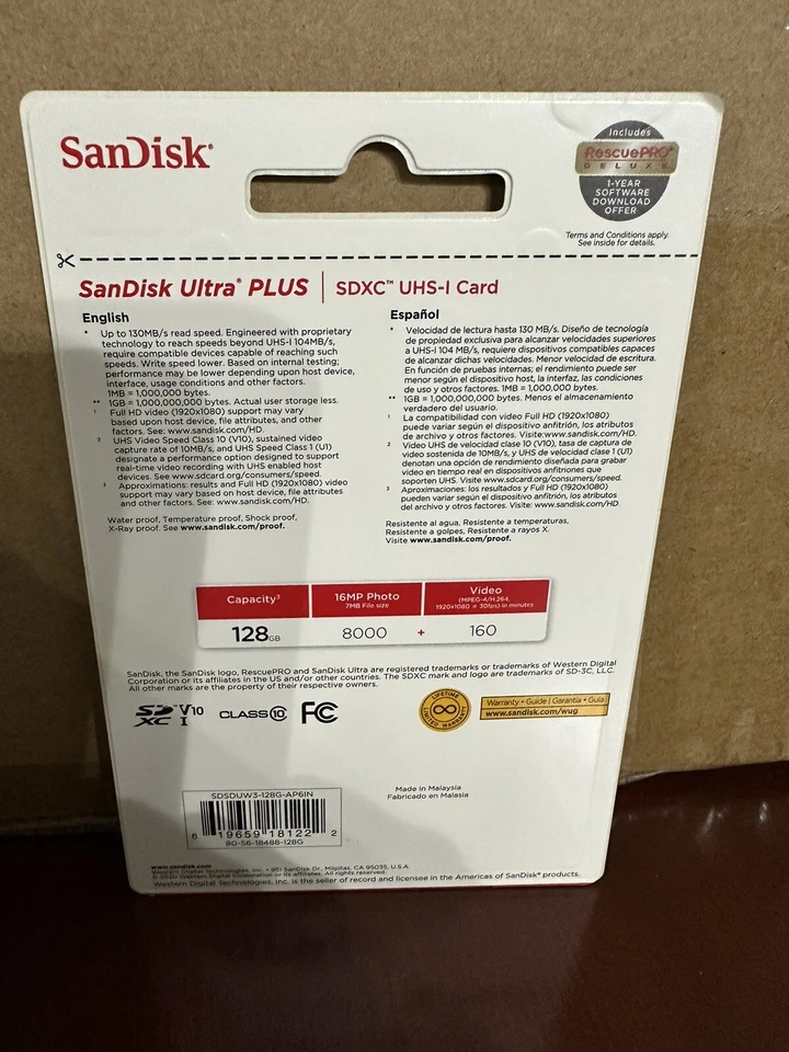 SanDisk Ultra Plus 128GB 130MB/s SDXC UHS-I Memory Card New sealed - Image 2 of 2