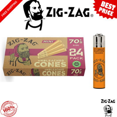Zig-Zag Unbleached 70mm Pre-Rolled Cones   24-Pack Box + Zig-Zag Clipper Lighter