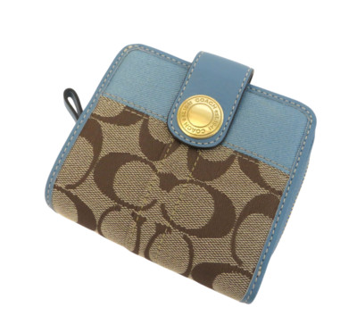 New NWT Coach Khaki Signature Blue Stripe Leather Zip-Around