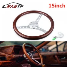 Classic Mahogany Wood Grain Brown Trim Steering Wheel with Horn Button 15"/380mm
