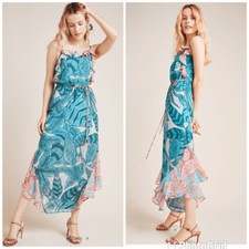 NEW Farm Rio Anthropologie Ruffled Botanical Maxi Dress Iris Blue Medium