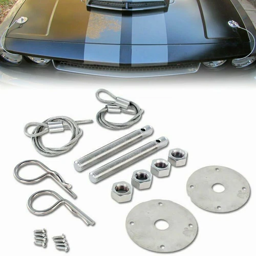 Stainless Steel Mount Hood Pin Pins Plate Bonnet Lock Kit Universal Racing Style - Picture 1 of 10