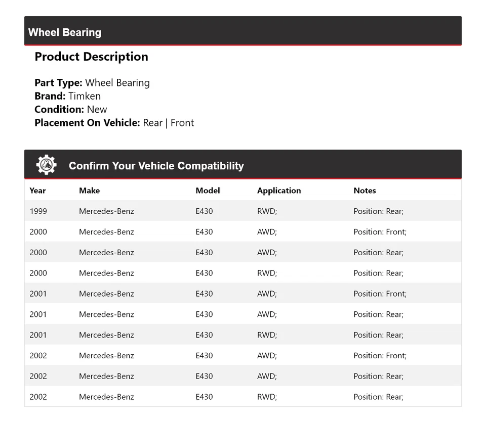 Cojinete de rueda Timken 2000 2001 para Mercedes-Benz E430 1999-2002 Foto 2 de 4