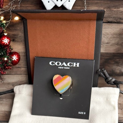 NWT Coach Striped Heart Ring Sz 6 Rainbow Resin and Gold + Box & Dust Bag Chunky - Picture 14 of 14