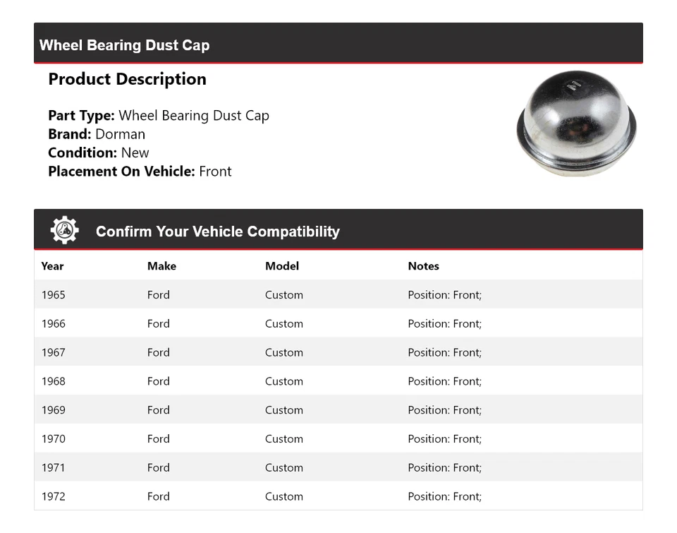 Tapón antipolvo delantero para cojinete de rueda Ford Custom Dorman 1965-1972 1966 1967 1968 Foto 2 de 4