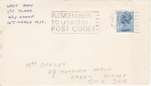 GB 1975 Last day 4.5P First Class stamp cover Sutton cancel typed VGC