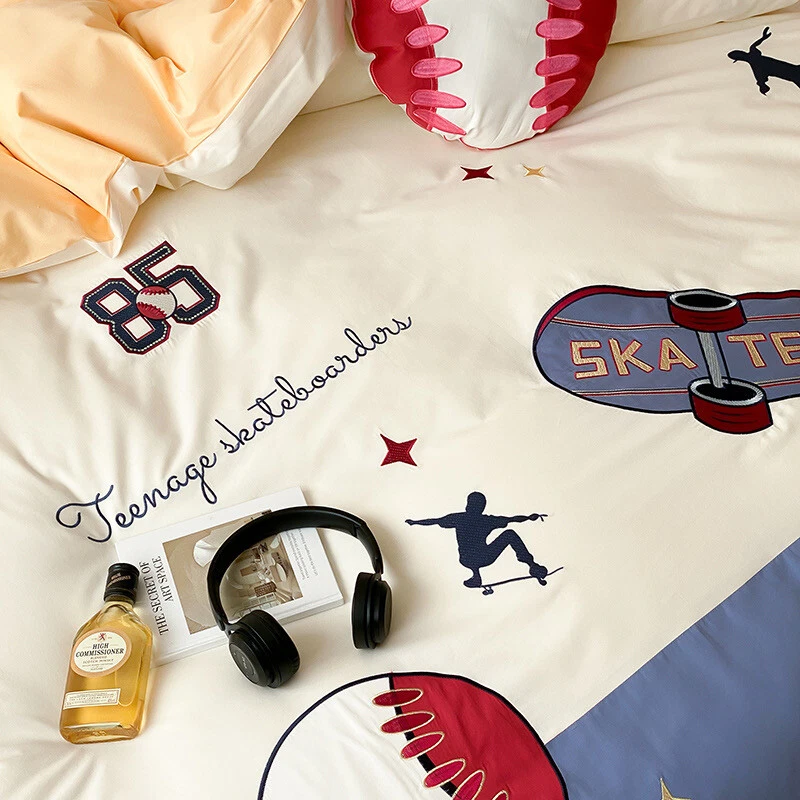 Whithe and Blue Boys Room Skating and Baseball Sport Duvet Cover  Bedding - Image 4 of 4