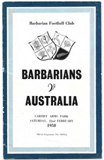 Barbarians V Australia Rugby Union Programme 1958