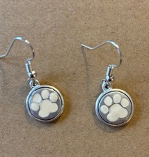 White Paw Print Dog Cat Tiger Silver Plated Enameled Earrings