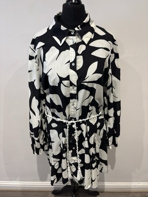 Stradivarius Collared Shirt Dress Black White Floral Long Sleeve Size M BNWT