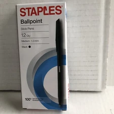 Brand New Box 12 Staples Black Ink Ballpoint Stick  Pens Medium Point 1.0mm