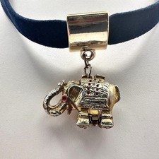 Vintage 90s Gold Tone Elephant Choker Necklace Red Crystal Eye Black Suede Cord