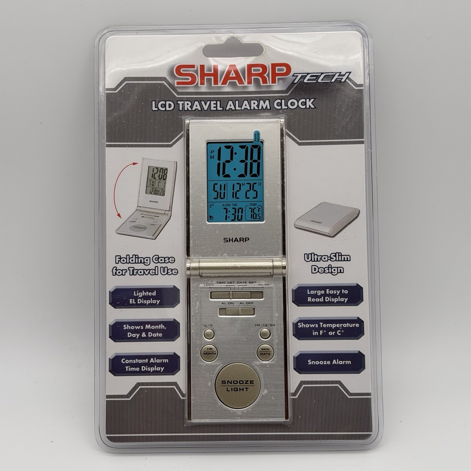 Sharp Tech LCD Ultra Slim Folding Travel Alarm Clock SPC430 Silver Digital NEW
