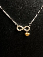 8877 BOMA sterling Silver Infinity Necklace Gold tone Heart Charm 16"