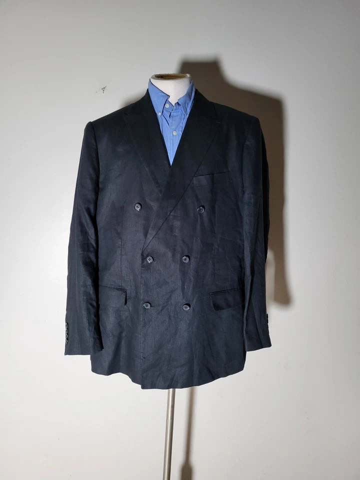 48R 2XL INSEARCH 黑色双排扣 6/4 亚麻纽扣夹克外套运动外套 — 第 2/4 张图片