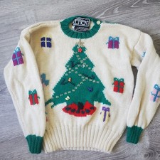 Vtg Berek Christmas Sweater Kids 10 Cream 100 Wool Holiday Ugly Christmas Tree