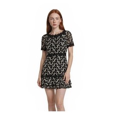Shani Fit Flare Cocktail Dress Women Size 10 Black Cream Embroidered Lace Ruffle