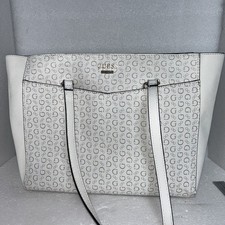 Guess White Logo Tote Bag Large Shoulder Purse Zip Top Monogram Handbag