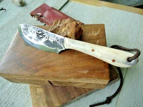 Nessmuk Bushcraft Knife, Hand Forged, White Bone Handle, Copper Pins, Sheath