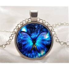 Damen Anhänger mit Kette Silber Blau Schmetterling Cabochon Halskette Geschenk