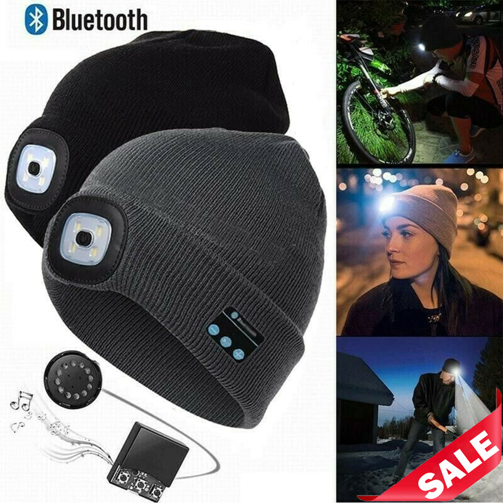Bluetooth LED Beanie Hat with Speakers, Mic, Rechargeable Headlamp Cap