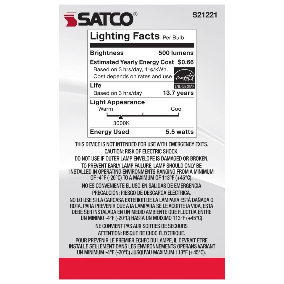 SATCO S21221 - 5.5 Watt G16.5 LED Candelabra Bulb - 3000K - 120 Volts (6 Pack) - Image 3 of 4