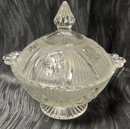Vtg Atq Jeanette Glass Iris & Herringbone Clear Covered Footed Candy Dish