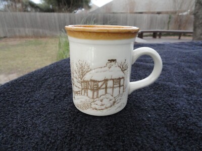 Biltons Embossed Thatched Roof Houses Snow Brown Thick Rim Tan Mug