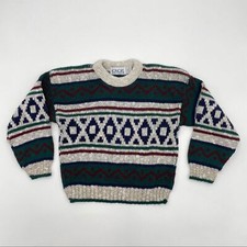 Vintage Child  s Striped Dad Sweater  90s Pullover Grandpa Crew Neck Zigzag Small