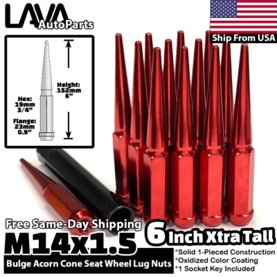 32x 6'' Red 14x1.5 Spike Lug Nut + Key Fit Ford 1999-2023 F250 F350 Super Duty
