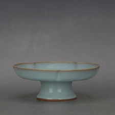 6.9"China Song Porcelain Ru Kiln Celeste Glaze Gilding Carving Character Compote