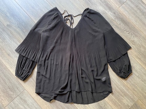 River island blouse swing pleated plisse long sleeve frill chiffon black uk 12 - Picture 7 of 24