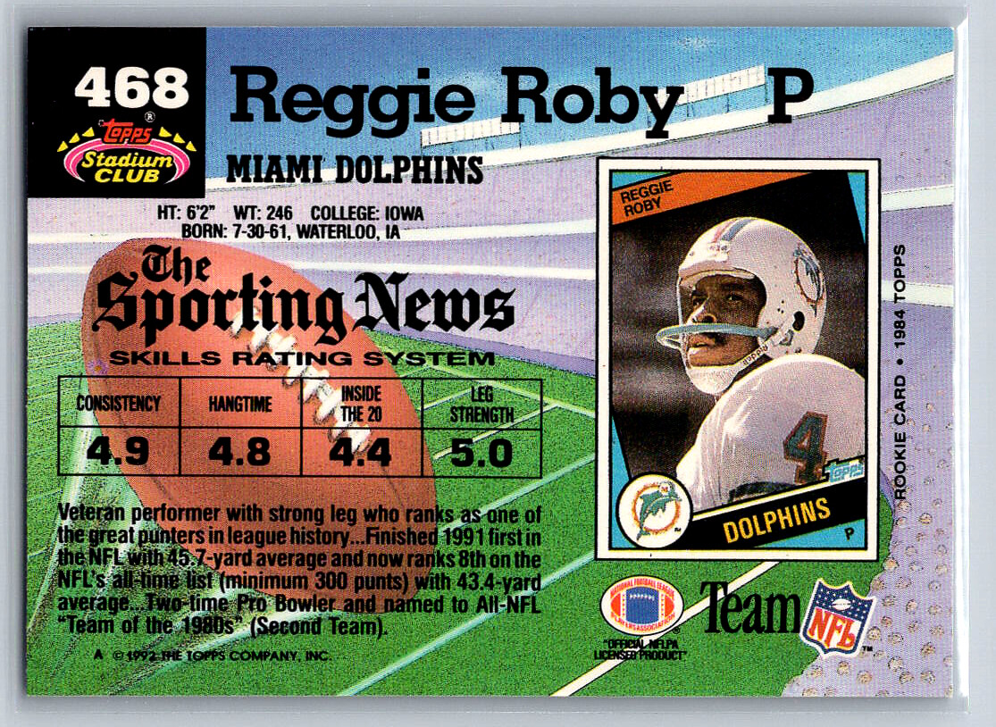 468 Reggie Roby Miami Dolphins 1992 Stadium Club | eBay