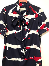 Vtg 60s HENRY LEE Red White Navy Mod Print Short Sleeve Collared Shift Dress L