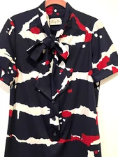 Vtg 60s HENRY LEE Red White Navy Mod Print Short Sleeve Collared Shift Dress L