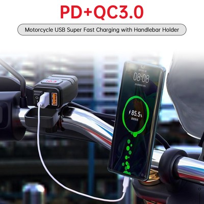 Motorcycle USB Fast Charging Handlebar Holder PD+QC3.0 Charger Socket Waterproof