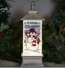 NIB Christmas is Forever Stained Glass LED Light Snowman 11.75" Glitter Lantern