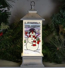 NIB Christmas is Forever Stained Glass LED Light Snowman 11.75" Glitter Lantern