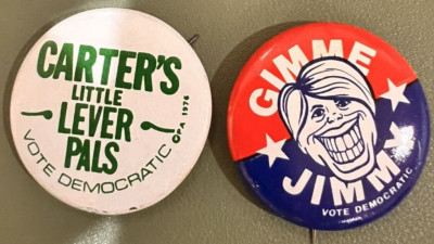 Lot of (2) Gimme Jimmy + Carter's Little Lever Pals 1976 Jimmy Carter Pin Button