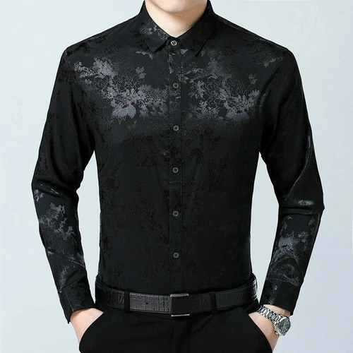Men Silk Satin Flower Dress Shirt Fit Business Formal Long Sleeve Loose Top New - Picture 5 of 17